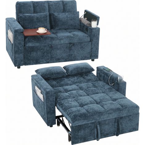 HOMCOM 2 Seater Sofa Bed with Armrest Storage, Side Pockets, Dark Blue (1/5)