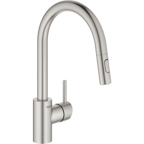 Grohe – Mitigeur de cuisine monocommande G31483DC2 – Douchette extractible 2 jets – Acier inoxydable brossé – Bec haut pivotant 360° (1/2)