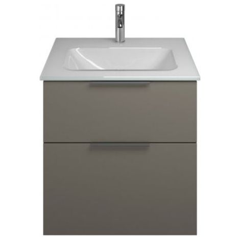 Burgbad Eqio Glas-Waschtisch mit Unterschrank, 2 Auszüge und Griffleiste Grau Hochglanz/Alpinweiss 62 cm Schwarz matt (1/2)