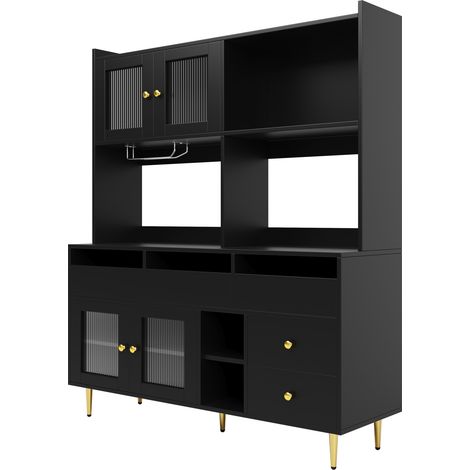 Hohe Anrichte aus schwarzem MDF mit Glastüren, Gläserhalter und Regalböden (1/5)