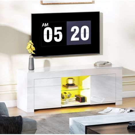 Mueble TV LED blanco 120 x 34 x 45 cm, 2 puertas, estante de vidrio, pasa-cables OKMYHOME (1/5)
