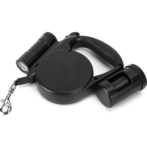 Laisse rétractable automatique 3 en 1 en plastique noir portable pour animaux de compagnie avec sac à déjections lumineux LED pour chiens et chats (1/5)