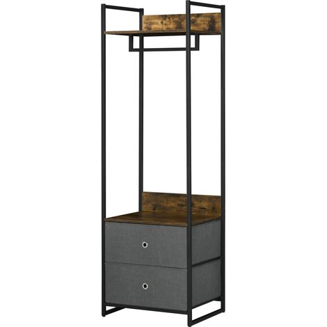 Clos Rail, Metal Coat Stand, Garment Rack with 2 Fabric Storage Drawers, Single Wardrobe for Bedroom, Hallway, Rustic Brown and Grey (1/5)