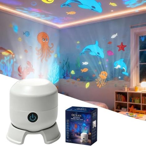 Proyector de luz nocturna LED con efecto de olas oceánicas, rotación de 360°, control táctil holográfico 5D, recargable por USB, 3 modos, motor silencioso. (1/5)