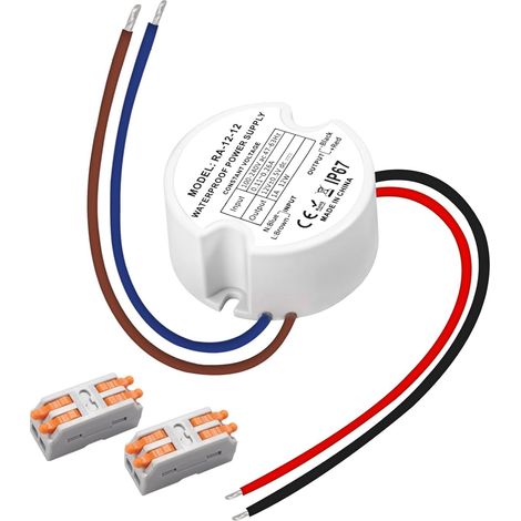 Transformateur LED Étanche 12V 12W 1A pour Intérieur et Extérieur, Design Rond Compact Ø48mm IP67 avec Double Connecteurs, pour Rubans LED, Spots et Éclairage Décoratif en Terrasses et Jardins