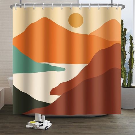 Rideau de Douche Bohème Milieu du siècle Rideau de Salle de Bain Abstrait Montagne Soleil résistant à la moisissure Vintage Aquarelle Montagne Beige Rideau de Douche Lavable 150x200cm (1/5)