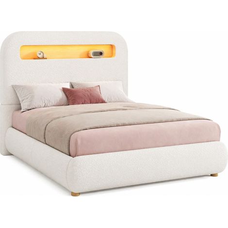 Lit rembourré enfant 90 x 200 cm avec rangement hydraulique, LED, tête de lit et pieds en bois, tissu bouclette blanc  CHICFURN (1/5)