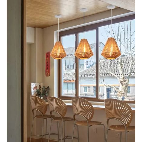 3pcs Suspension Industriel,Lustre Vintage en Rotin et Métal Abat-jour Design Géométrie Luminaire Plafonnier pour Salon Café (1/5)
