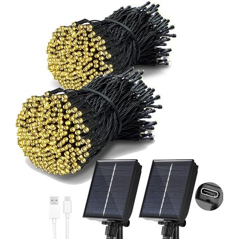 Guirlande Lumineuse Exterieure Solaire, 【Charge USB】, 20M 200 LED Guirlande Solaire, 8 Modes, Etanche, Décoration pour Jardin, terrasse, Balcon (Blanc Chaud)