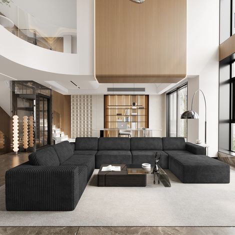 7-Sitzer Panorama-Modulsofa, Öffnung rechts, Cordbezug, 1 Hocker, platzsparendes Sofa für große Wohnzimmer, 404 x 303 x 82 cm, Schwarz