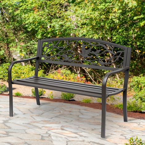 Gartenbank mit Armlehnen und Rückenlehne, Vogelmotiv, Tragkraft 240 kg, für Terrasse und Balkon, 127 x 60 x 85 cm, Braun