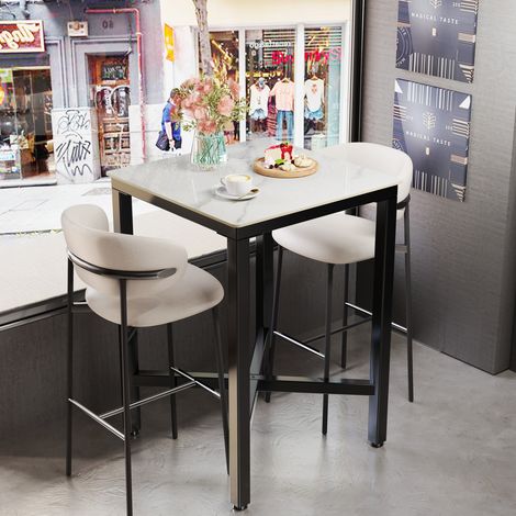Tall Pub Square Cocktail Bar Table Sintered Stone Top Dining Table - White