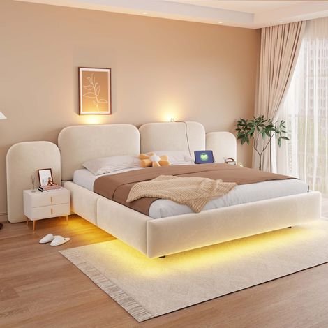 Cama tapizada de 180 x 200 cm, con almacenamiento hidráulico, tira de luz LED, puerto de carga, cabecero único, voluminoso y cómodo, somier de láminas estable, tapizada en tela de terciopelo beige. (1/5)