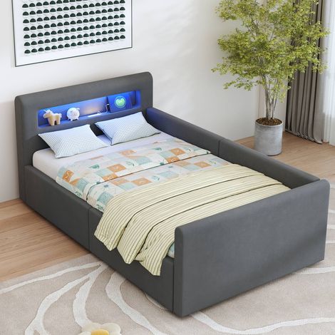 Lit enfant 90x200 cm LED veilleuse USB étagère coffre hydraulique velours gris anthracite (1/5)