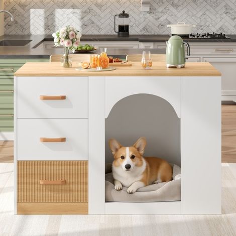 Îlot de cuisine, meuble de cuisine, avec 3 tiroirs, espace de rangement sur le côté, avec coin détente pour animaux de compagnie, sans gamelle ni coussin pour animaux, association de blanc et d'aspect (1/5)