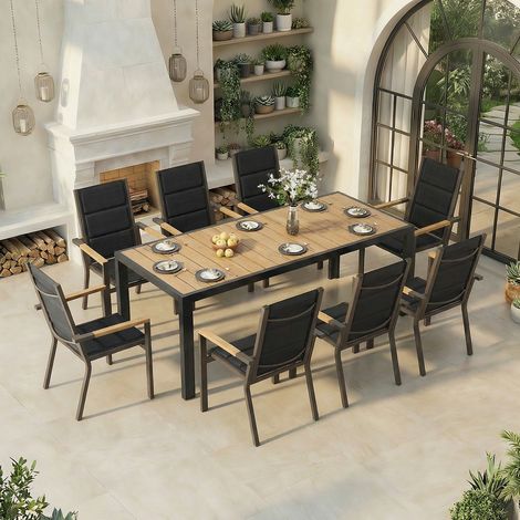 Devoko – Ensemble table et chaise de jardin 8 personnes – 189 cm table en aluminium – 8 chaises empilables – Couleur teck (1/5)