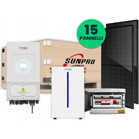 KIT Fotovoltaico Monofase Completo 6KW Con 15 Moduli 410W, Batteria di Accumulo 6.14kWh, Inverter Ibrido 6kW, Quadro AC/DC Monofase 6kW 2 Stringhe 2 MPPT