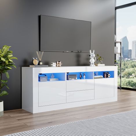 Meuble TV 160x35x60 cm avec éclairage LED, 3 compartiments ouverts, 2 portes, 2 tiroirs, en bois, laqué brillant, blanc