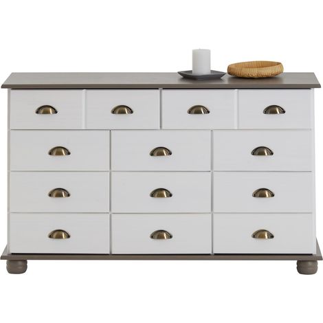 Idimex – Commode enfant en pin massif blanc/taupe – 11 tiroirs – Dimensions 73 x 117 x 35 cm (H x L x P) – Poignées coquille en métal bronze