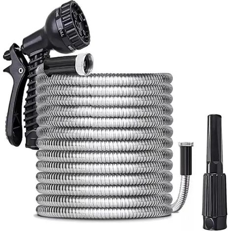 Tuyau en acier inoxydable robuste, résistant, anti-pliage, anti-fuite et antirouille avec buse de pistolet de pulvérisation (25 pieds) (1/4)