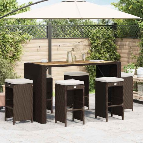Lot de 6 tabourets de bar de jardin en résine tressée marron avec coussins blanc crème - PANGIVO (1/5)