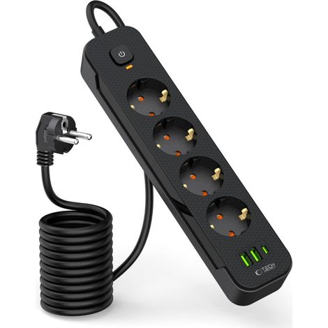 Tech-protect PCL4X3 Steckdosenleiste, lang, 2 USB-Anschlüsse, 1 USB-C-Anschluss und 4 Steckdosen, 200 cm, schwarz (1/5)