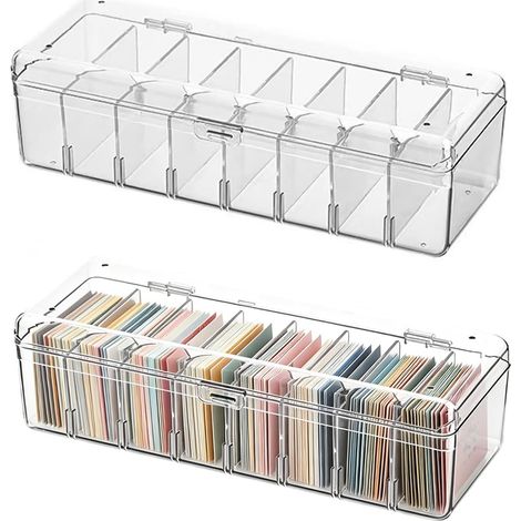 Juego de 2 cajas de almacenamiento transparentes con separadores extraíbles - 24,8 x 10 x 7,5 cm - 8 compartimentos - Para tarjetas de estudio y tarjetas de visita (1/4)