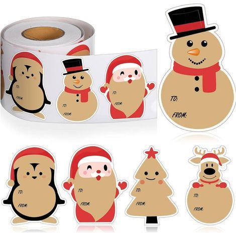 Lot de 500 étiquettes autocollantes de Noël en papier kraft, motif bonhomme de neige mignon, avec étiquettes de nom pour emballage cadeau de Noël, rouleau d'étiquettes autocollantes pour les fêtes (1/5)