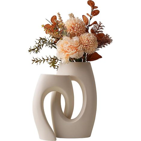 Donut Vases, Ceramic Hollow Vase with Matte Texture, Minimalist White Vase for Home, Office and Kitchen Decoration, Boho Style Set of 2 (1/5)