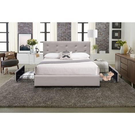 chloe - Letto Solido e Confortevole 160x200 con Rete con 4 Cassetti + Testiera Colore GRIGIO + Piedi di 4 cm - 2 x 13 Doghe - Rivestimento PVC Similpelle Facile da Pulire - Montaggio Veloce e Facile
