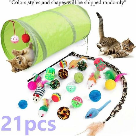 21 Coffret de 14 friandises pour chat - Assortiment interactif pour chatons comprenant une souris en sisal, une balle à clochette et des friandises pour chat (1/4)