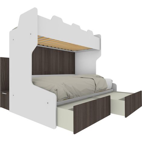 Letto a castello salvaspazio con scala contenitore - 1 Piazza e mezza + singolo - Bianco e Olmo (1/5)