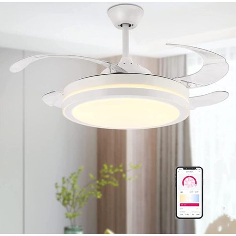 Ventilateur de plafond rétractable de 107 cm avec éclairage, ventilateur de plafond moderne sans pales avec éclairage LED et télécommande, ventilateur de plafond intelligent blanc pour chambre à couch (1/5)