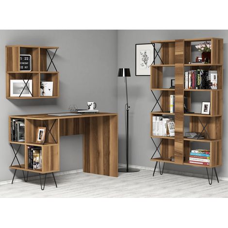 Ensemble bureau étagère et bibliothèque bois noyer et noir Ditra (1/4)