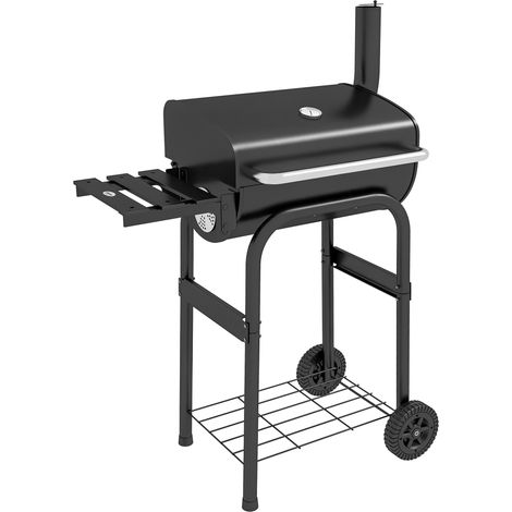 Carrello per barbecue a carbone con ripiani, ruote, coperchio, termometro, camino, in metallo nero