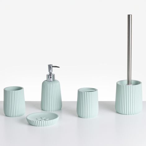 Conjunto de 5 accesorios de baño jabonera dispensador de jabón escobilla de inodoro vaso soporte para cepillos de dientes verde menta Pozuzo