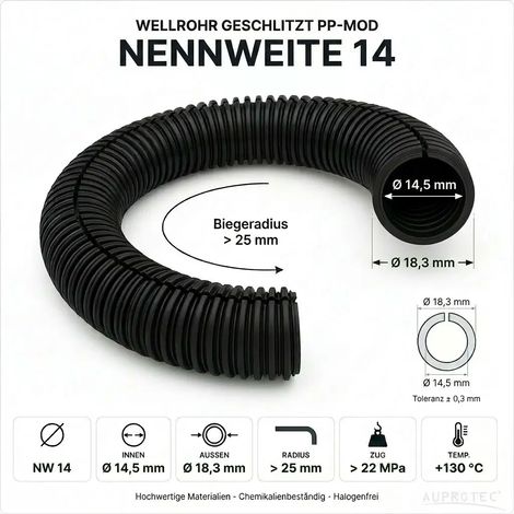 50m PP Wellrohr geschlitzt NW 14 Schwarz Innen-Ø 14,5 mm UV-beständig