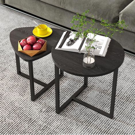 Mesa redonda set de 2 en aglomerado y metal, negra, 45/42 cm, estilo industrial (1/5)