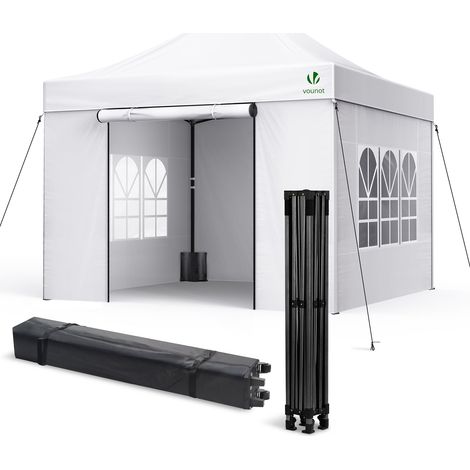VOUNOT® Verstärktes Pavillon 3x3m, Wasserdichter Faltpavillon mit 4 Seitenteilen&Sandsäcke Weiß