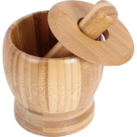 Grand mortier et pilon en bois de bambou - Mortier et pilon en bois avec mortier à ail en bois - Grand moulin à poivre et à ail en bois (1/5)