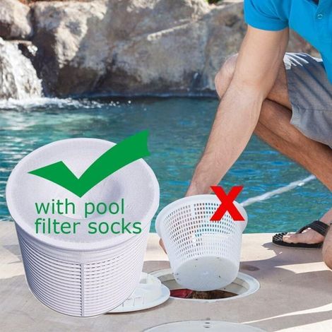 Calze per skimmer da piscina, confezione da 20 pezzi, filtro per skimmer da piscina, prefiltro in nylon elastico, calze filtranti riutilizzabili per proteggere la piscina da foglie e alghe. (1/4)