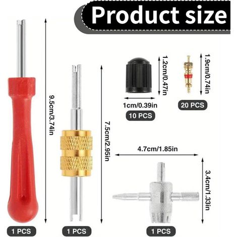 33 Pcs Demonte Obus Valve Pneu,Demonte Obus,Obus De Valve,avec 20 Obus De Valve, Extracteurs De Noyau De Valve À Double Et À Une Tête, 4 Outils De Valve Et 10 Capuchons De Valve De Pneu (1/4)