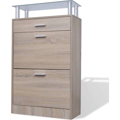 Scarpiera con cassetto e piano in vetro in legno marrone 020043417