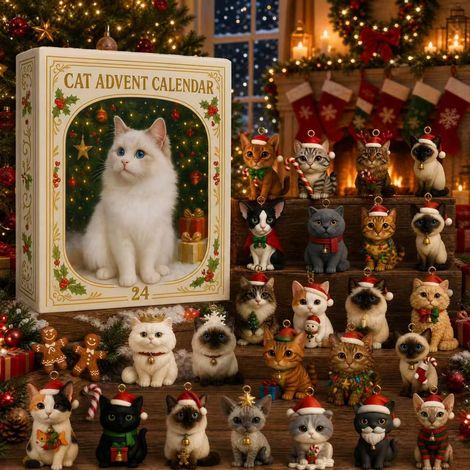 2026 Christmas White Cat Arrival Calendar Cat Christmas Tree Ornament Arrival Calendar Cat Ornament - 24 Christmas Cat Blind Box Designs - 3D