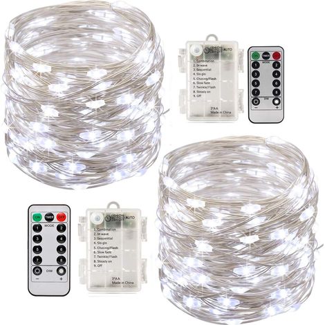 Guirlande lumineuse LED à piles (2 pièces), 100 LED, 10 m, étanche, 8 modes d'éclairage, avec télécommande (blanc froid) (1/5)