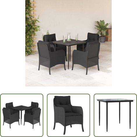 Gartenessgruppe - 5-tlg. Garten-Essgruppe mit Kissen Schwarz Poly Rattan (1/5)