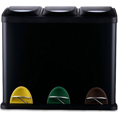 Relaxdays Mülleimer, 3 Fächer, 24 L, Fußpedal, Inneneimer, Mülltrenner Küche, HBT: 39,5 x 46 x 26,5 cm, Eisen, schwarz (1/5)