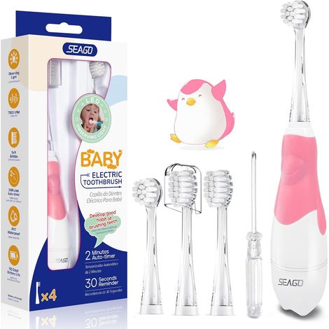 Brosse À Dents Électrique Bébé Enfant 0-3 Ans Kids Brosse A Dent Electrique à Piles et Minuterie Intelligente Lampes à LED de Couleur étanche et 4 Têtes de Brosse SG513 (Bébé Rose) (1/5)