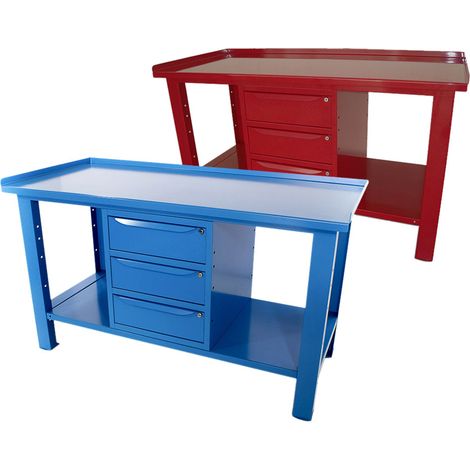Banco da lavoro SOGI 1,5 metri con piano in acciaio + armadio a 3 cassetti - blu/rosso, ColoreRosso (1/5)