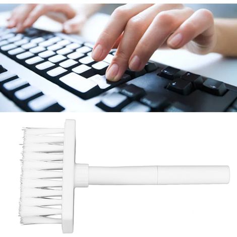 Brosse de nettoyage multifonction 5 en 1 pour claviers et appareils numériques, double tête séparée avec extracteur de touches et 3 rangées de fibres, en métal et plastique pour casques blancs. (1/5)
